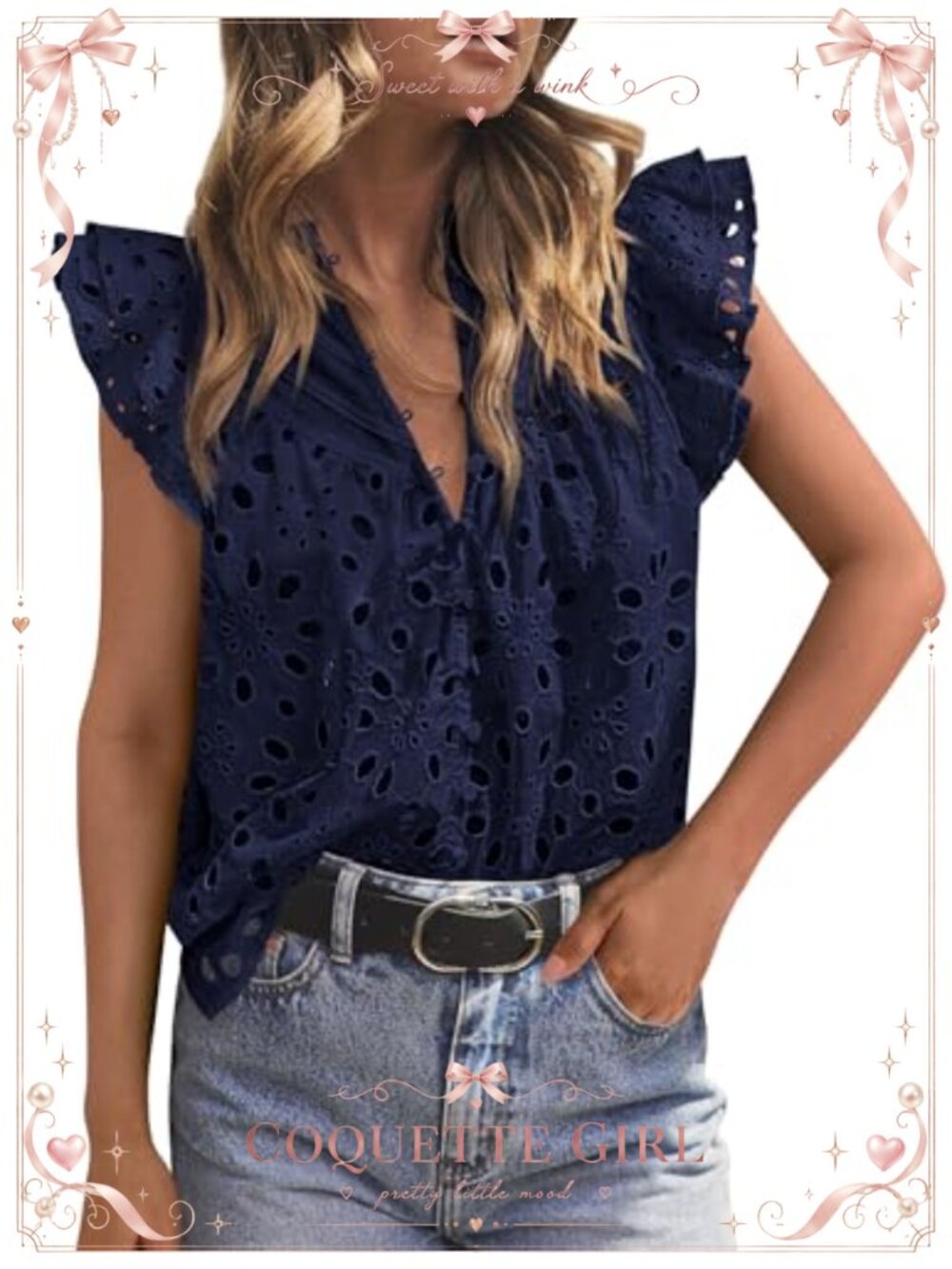 PRETTYGARDEN Womens Ruffle Cap Sleeve V Neck Eyelet Blouse Embroidered Summer